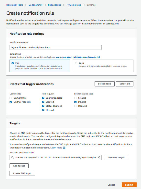 A notification rule configured in an CodeCommit repository
